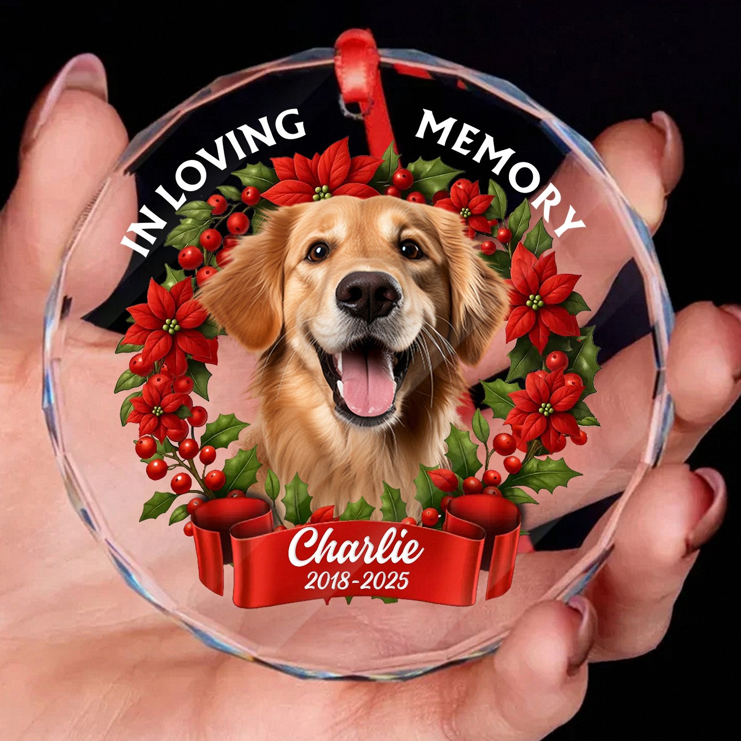 Personalized In Loving Memory Pet Memorial Ornament with Photo Name Dates Custom Dog Keepsake Faceted Glass Style O28K1