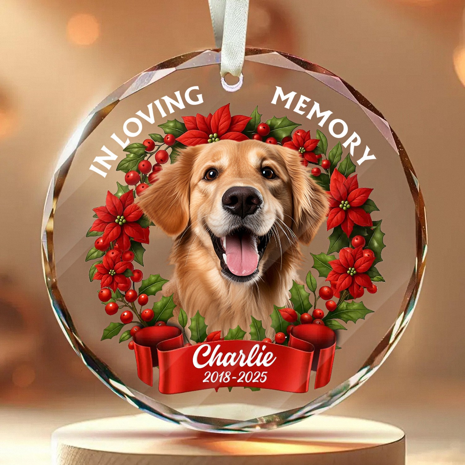 Personalized In Loving Memory Pet Memorial Ornament with Photo Name Dates Custom Dog Keepsake Faceted Glass Style O28K1