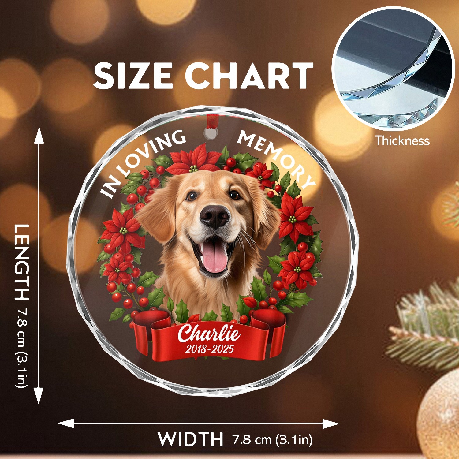 Personalized In Loving Memory Pet Memorial Ornament with Photo Name Dates Custom Dog Keepsake Faceted Glass Style O28K1