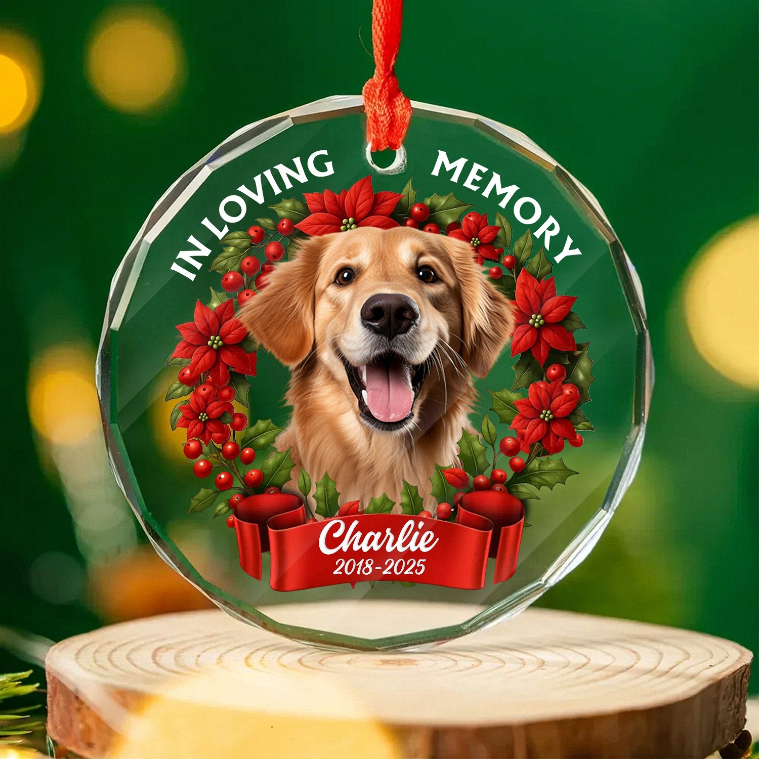 Personalized In Loving Memory Pet Memorial Ornament with Photo Name Dates Custom Dog Keepsake Faceted Glass Style O28K1
