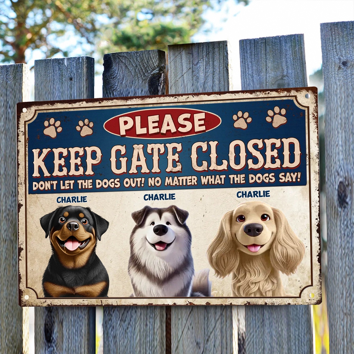 Personalized Keep Gate Closed Dog Sign with Custom Names Dont Let The Dogs Out Funny Metal Plaque Vintage Style Yard Decor Housewarming Gift for Dog Owners Fence Gate Warning Sign-SZOQJ
