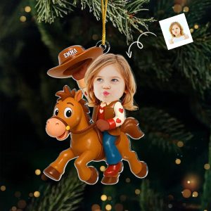 Personalized Kids Photo Christmas Ornament with Name Custom Cowgirl Riding Horse Keepsake Funny Face Acrylic Decoration Christmas Gift for Daughter or Granddaughter Holiday Tree Decor