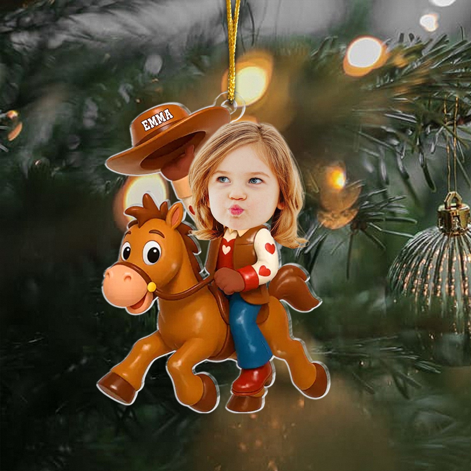 Personalized Kids Photo Christmas Ornament with Name Custom Cowgirl Riding Horse Keepsake Funny Face Acrylic Decoration Christmas Gift for Daughter or Granddaughter Holiday Tree Decor