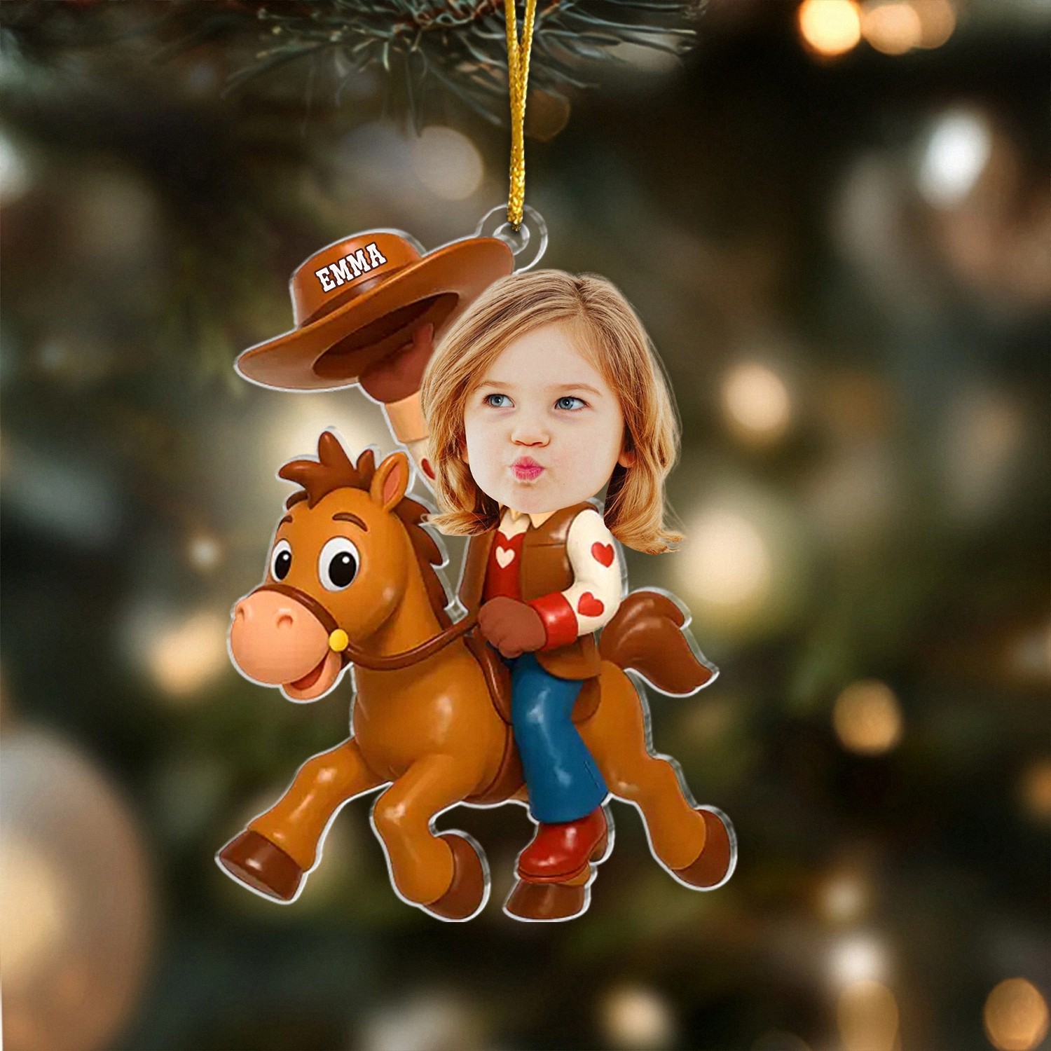 Personalized Kids Photo Christmas Ornament with Name Custom Cowgirl Riding Horse Keepsake Funny Face Acrylic Decoration Christmas Gift for Daughter or Granddaughter Holiday Tree Decor