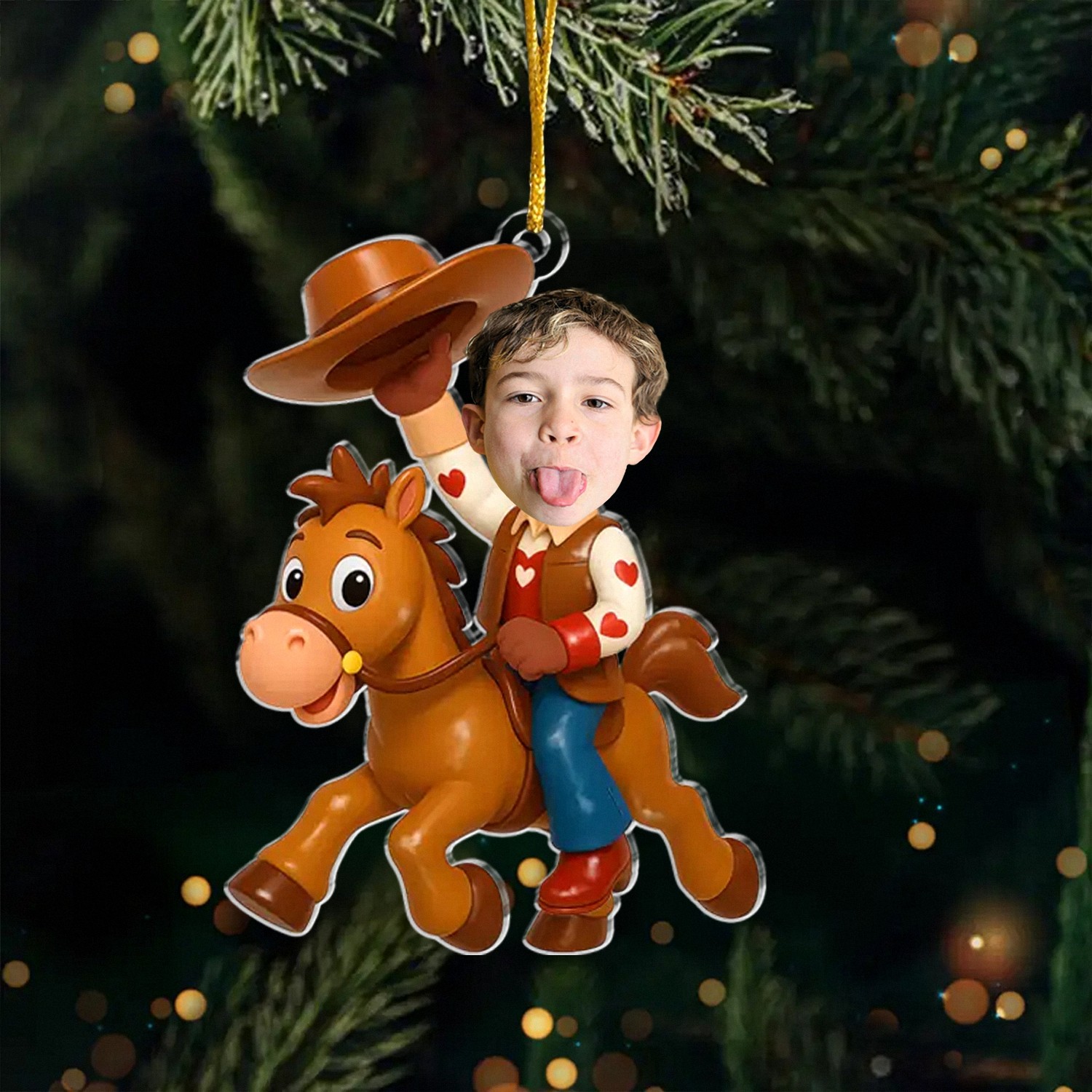 Personalized Kids Photo Christmas Ornament with Name Custom Cowgirl Riding Horse Keepsake Funny Face Acrylic Decoration Christmas Gift for Daughter or Granddaughter Holiday Tree Decor