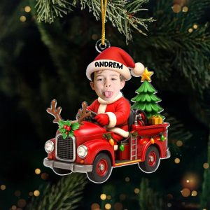 Personalized Kids Photo Christmas Ornament with Name Custom Santa Fire Truck Keepsake Funny Face Acrylic Decoration Christmas Gift for Son or Grandson Holiday Tree Decor