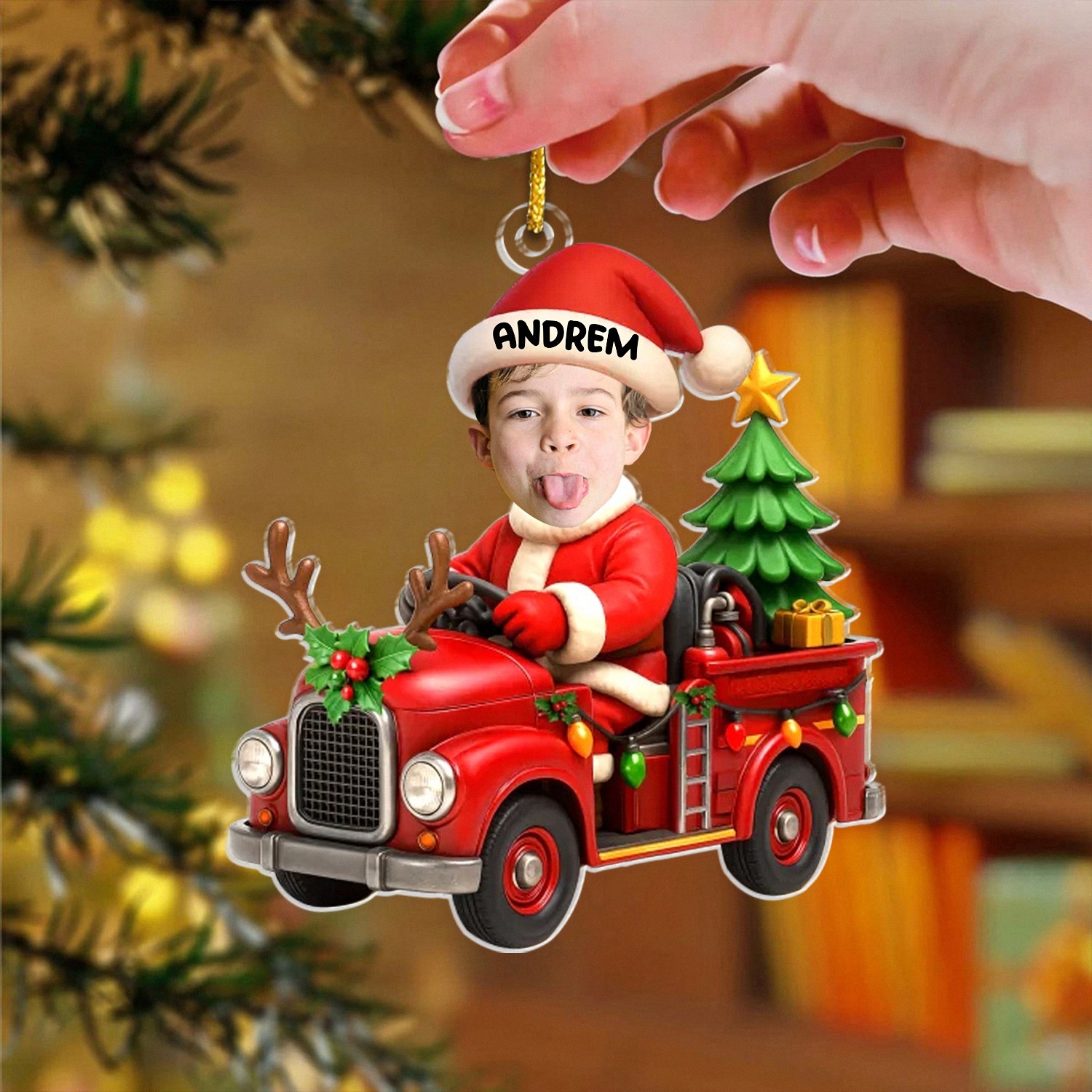 Personalized Kids Photo Christmas Ornament with Name Custom Santa Fire Truck Keepsake Funny Face Acrylic Decoration Christmas Gift for Son or Grandson Holiday Tree Decor