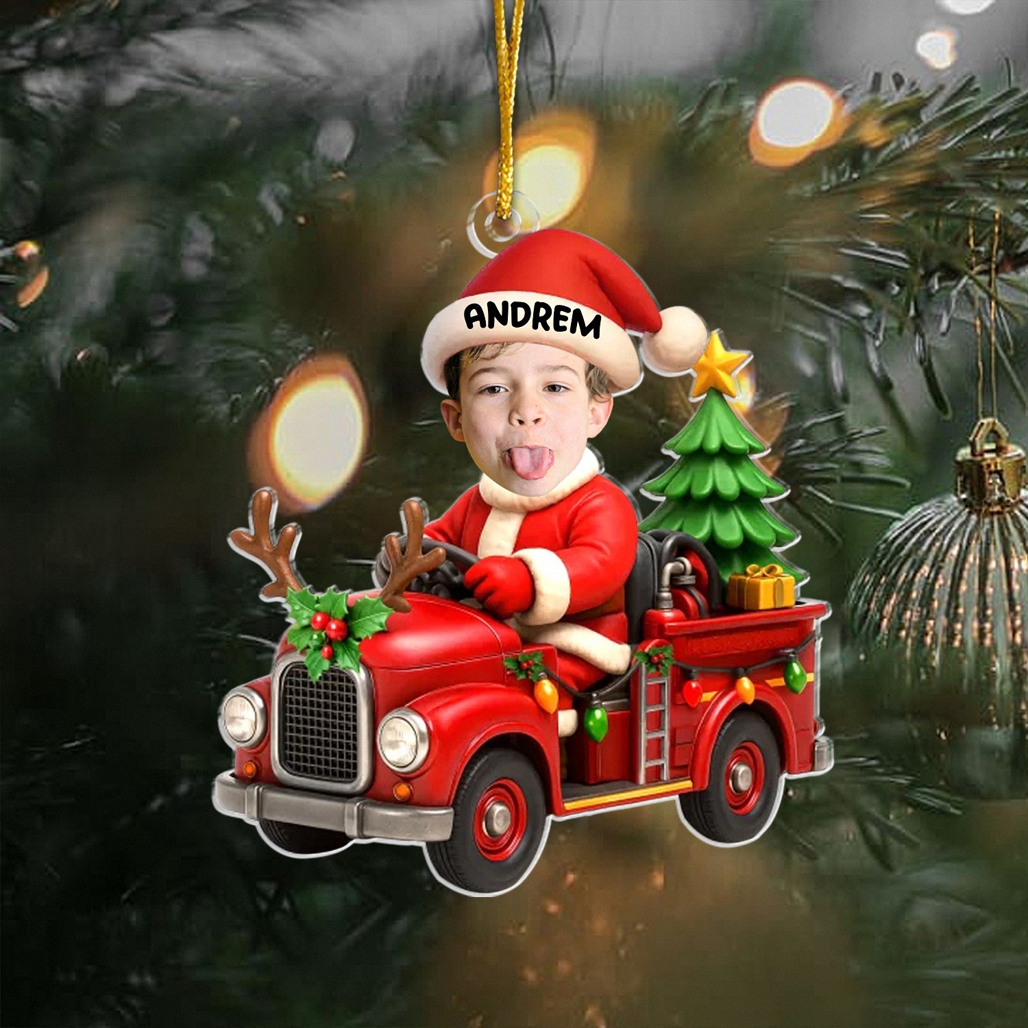 Personalized Kids Photo Christmas Ornament with Name Custom Santa Fire Truck Keepsake Funny Face Acrylic Decoration Christmas Gift for Son or Grandson Holiday Tree Decor