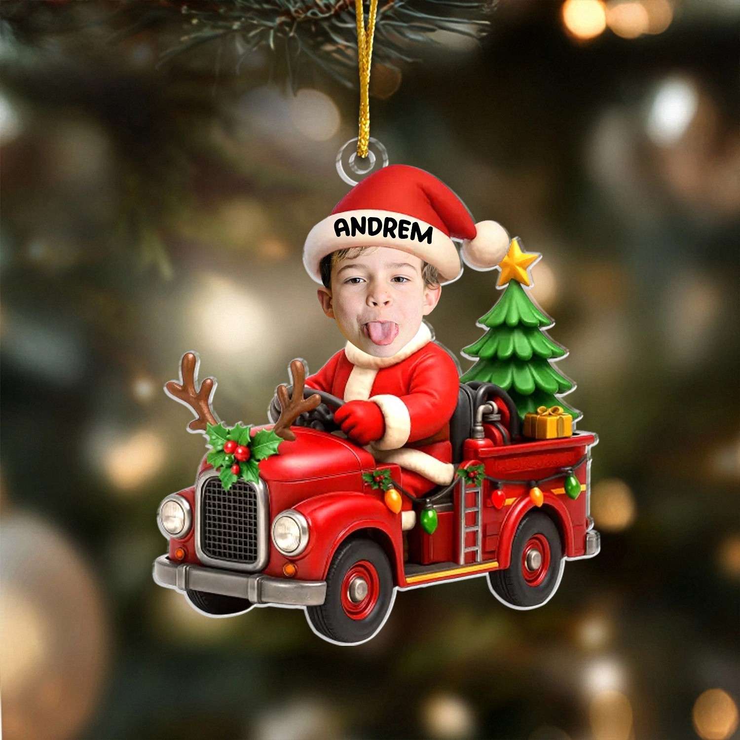 Personalized Kids Photo Christmas Ornament with Name Custom Santa Fire Truck Keepsake Funny Face Acrylic Decoration Christmas Gift for Son or Grandson Holiday Tree Decor