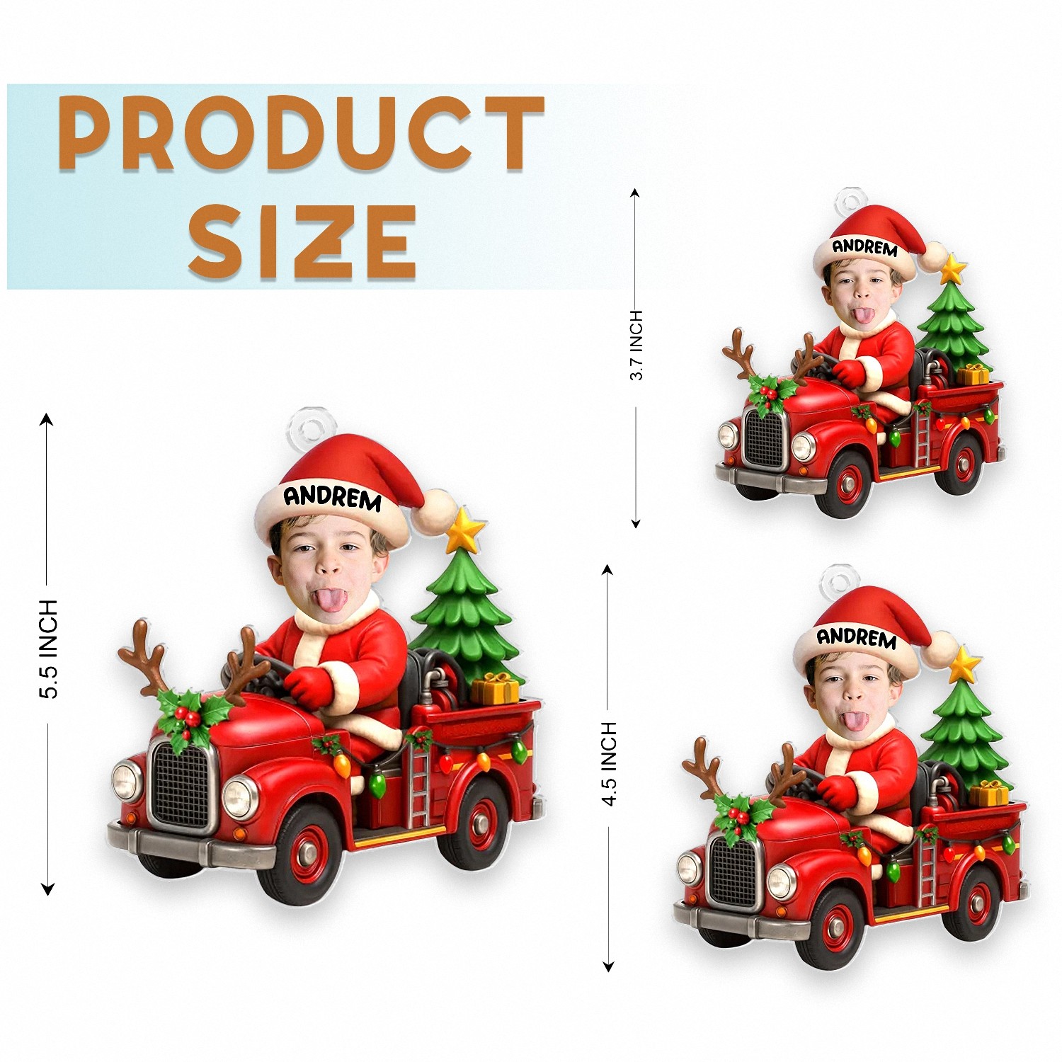 Personalized Kids Photo Christmas Ornament with Name Custom Santa Fire Truck Keepsake Funny Face Acrylic Decoration Christmas Gift for Son or Grandson Holiday Tree Decor