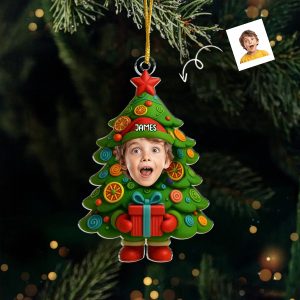 Personalized Kids Photo Christmas Ornament with Name, Funny Face Christmas Tree Keepsake, Custom Acrylic Decoration, Christmas Gift for Son, Daughter or Grandchild, Holiday Tree Decor
