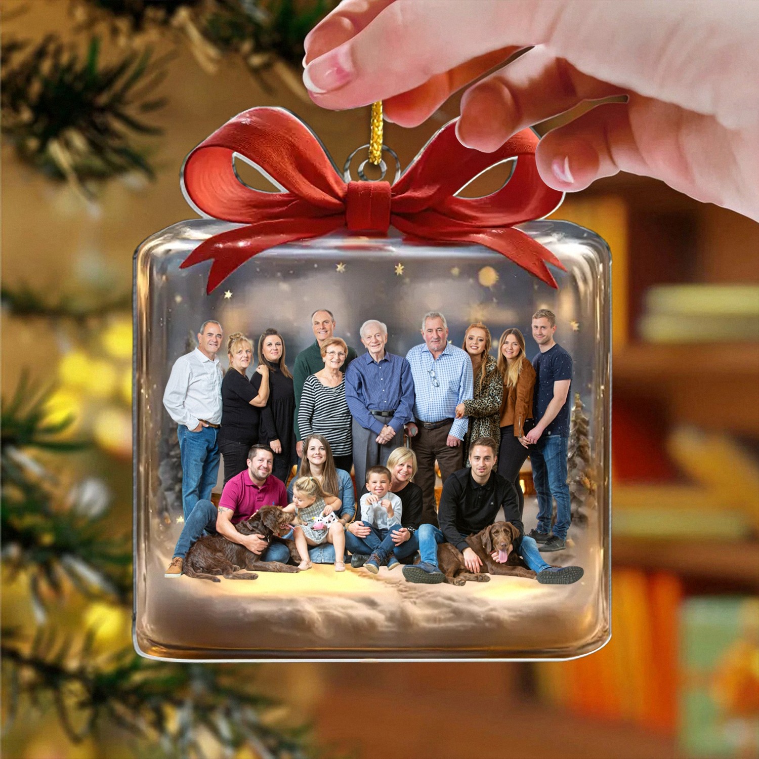 Personalized Large Family Photo Christmas Ornament, Custom Group Portrait Keepsake, 3D Gift Box Style with Red Bow, Holiday Gift for Big Families & Grandparents, Christmas Tree Decoration-I04RB