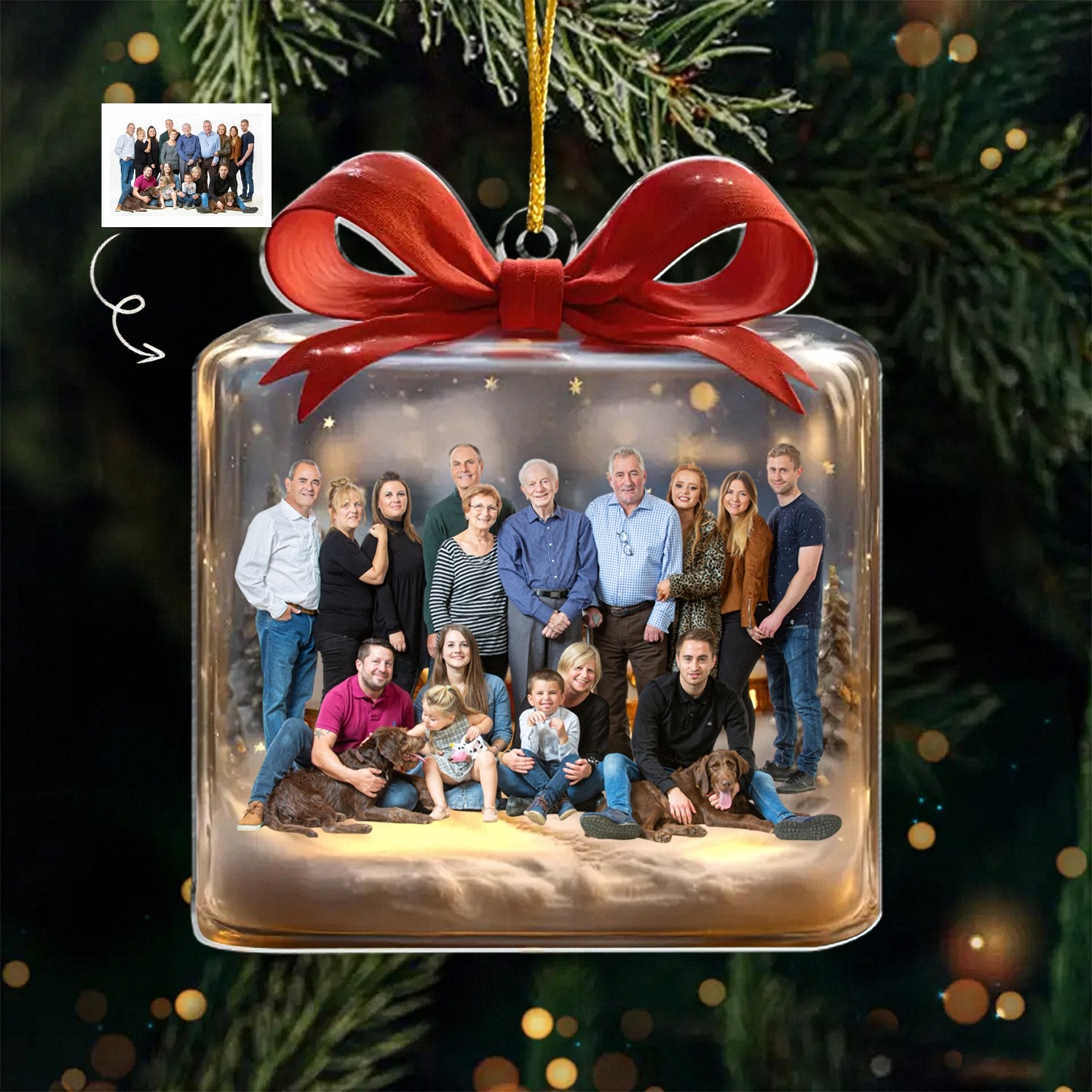 Personalized Large Family Photo Christmas Ornament, Custom Group Portrait Keepsake, 3D Gift Box Style with Red Bow, Holiday Gift for Big Families & Grandparents, Christmas Tree Decoration-I04RB