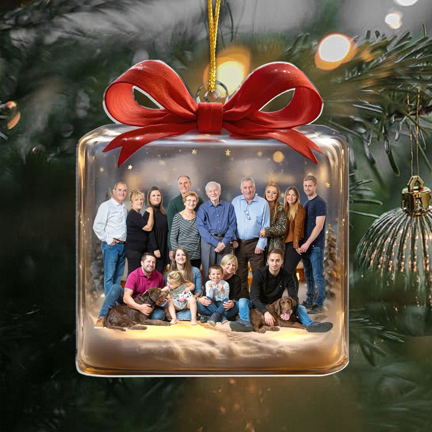 Personalized Large Family Photo Christmas Ornament, Custom Group Portrait Keepsake, 3D Gift Box Style with Red Bow, Holiday Gift for Big Families & Grandparents, Christmas Tree Decoration-I04RB