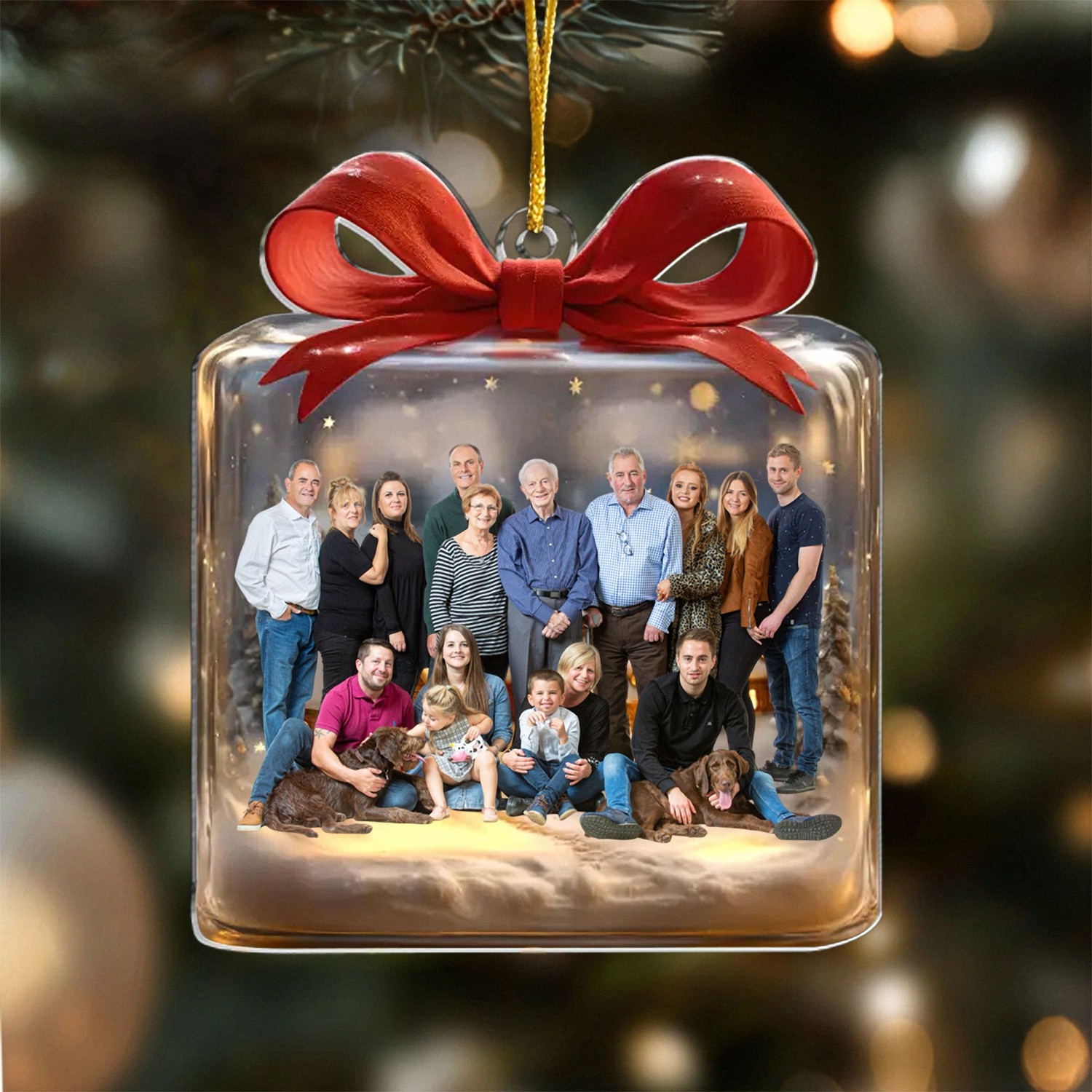 Personalized Large Family Photo Christmas Ornament, Custom Group Portrait Keepsake, 3D Gift Box Style with Red Bow, Holiday Gift for Big Families & Grandparents, Christmas Tree Decoration-I04RB