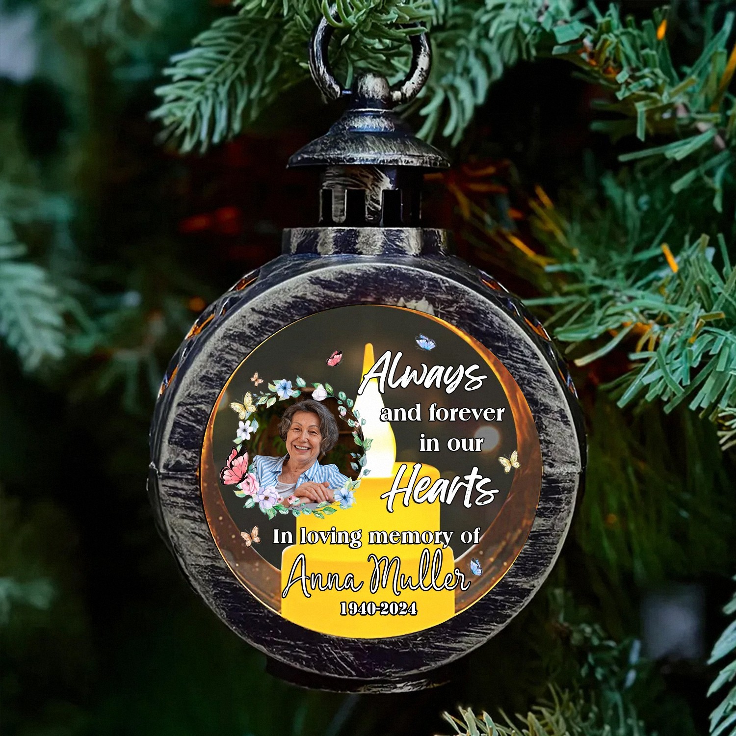 Personalized Memorial Christmas Ornament with Custom Photo Name Dates In Loving Memory LED Lantern Vintage Style Bereavement Gift for Loss of a Loved One Sympathy Tree Decoration 99IOT