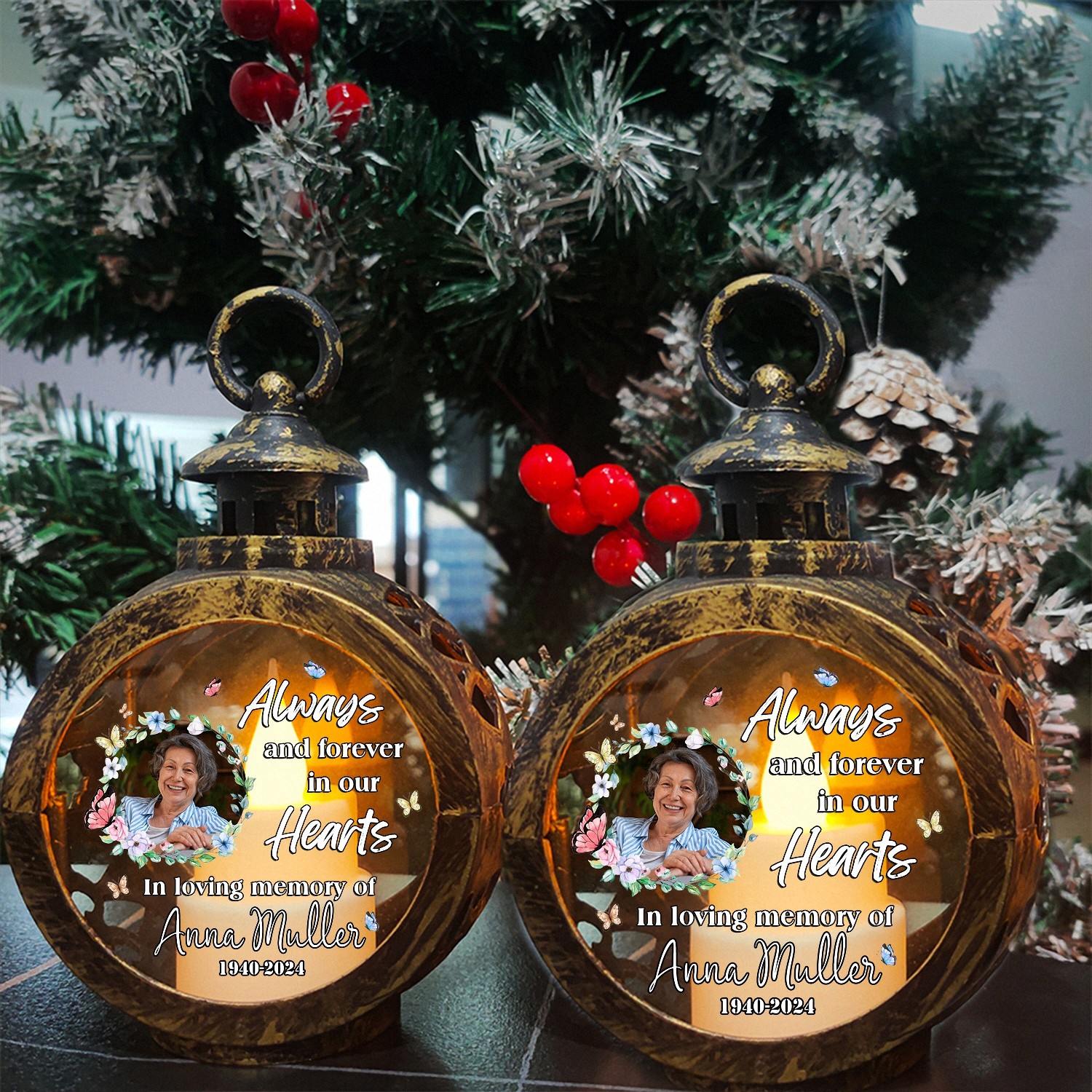 Personalized Memorial Christmas Ornament with Custom Photo Name Dates In Loving Memory LED Lantern Vintage Style Bereavement Gift for Loss of a Loved One Sympathy Tree Decoration 99IOT