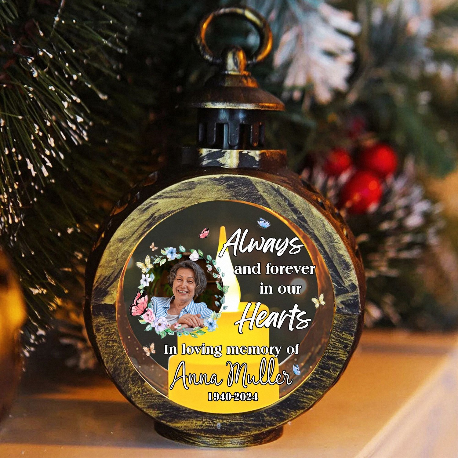 Personalized Memorial Christmas Ornament with Custom Photo Name Dates In Loving Memory LED Lantern Vintage Style Bereavement Gift for Loss of a Loved One Sympathy Tree Decoration 99IOT
