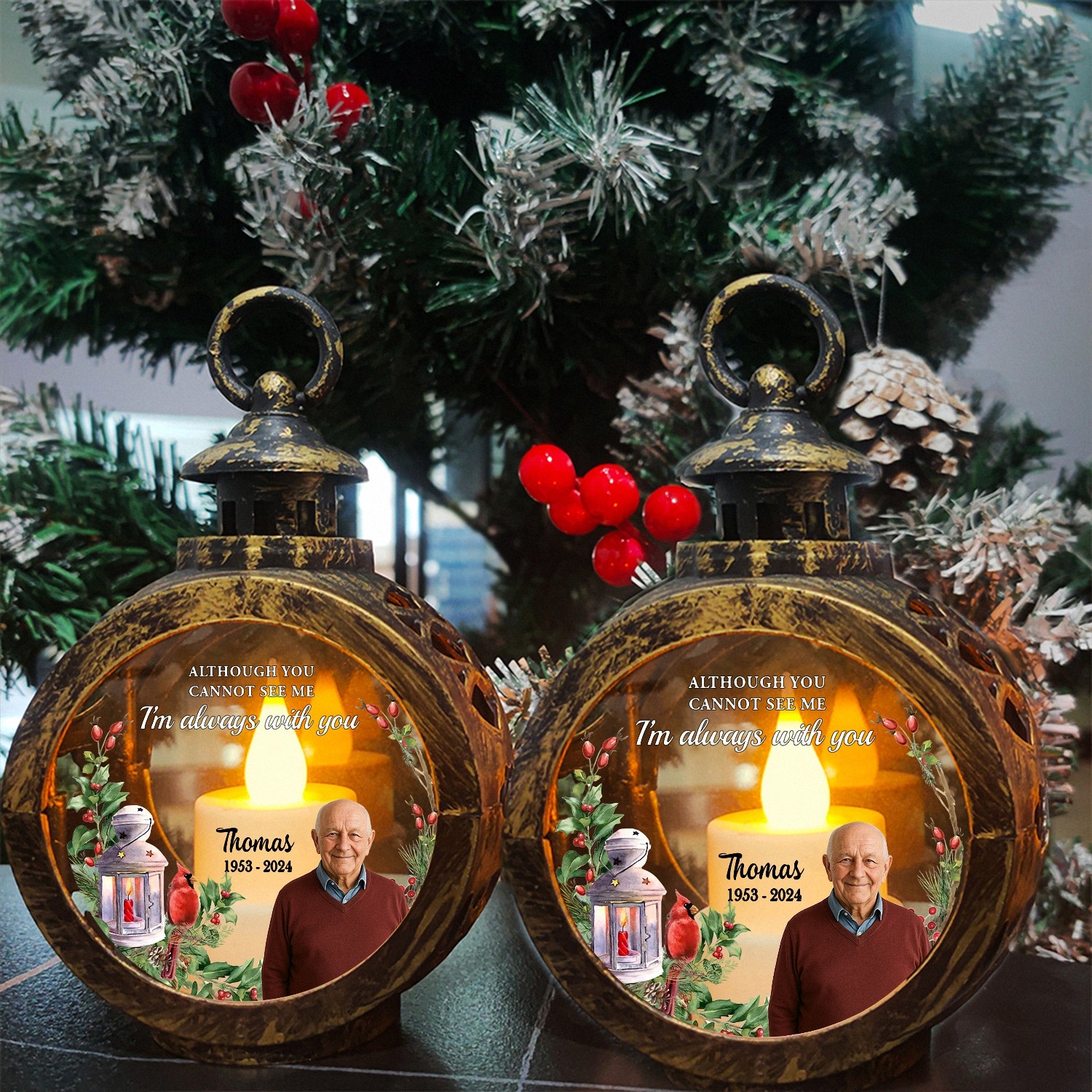 Personalized Memorial Lantern with Custom Photo Dates Always With You LED Light Keepsake Vintage Style Cardinal Bereavement Gift for Loss of Loved One Sympathy Decor DIDH4