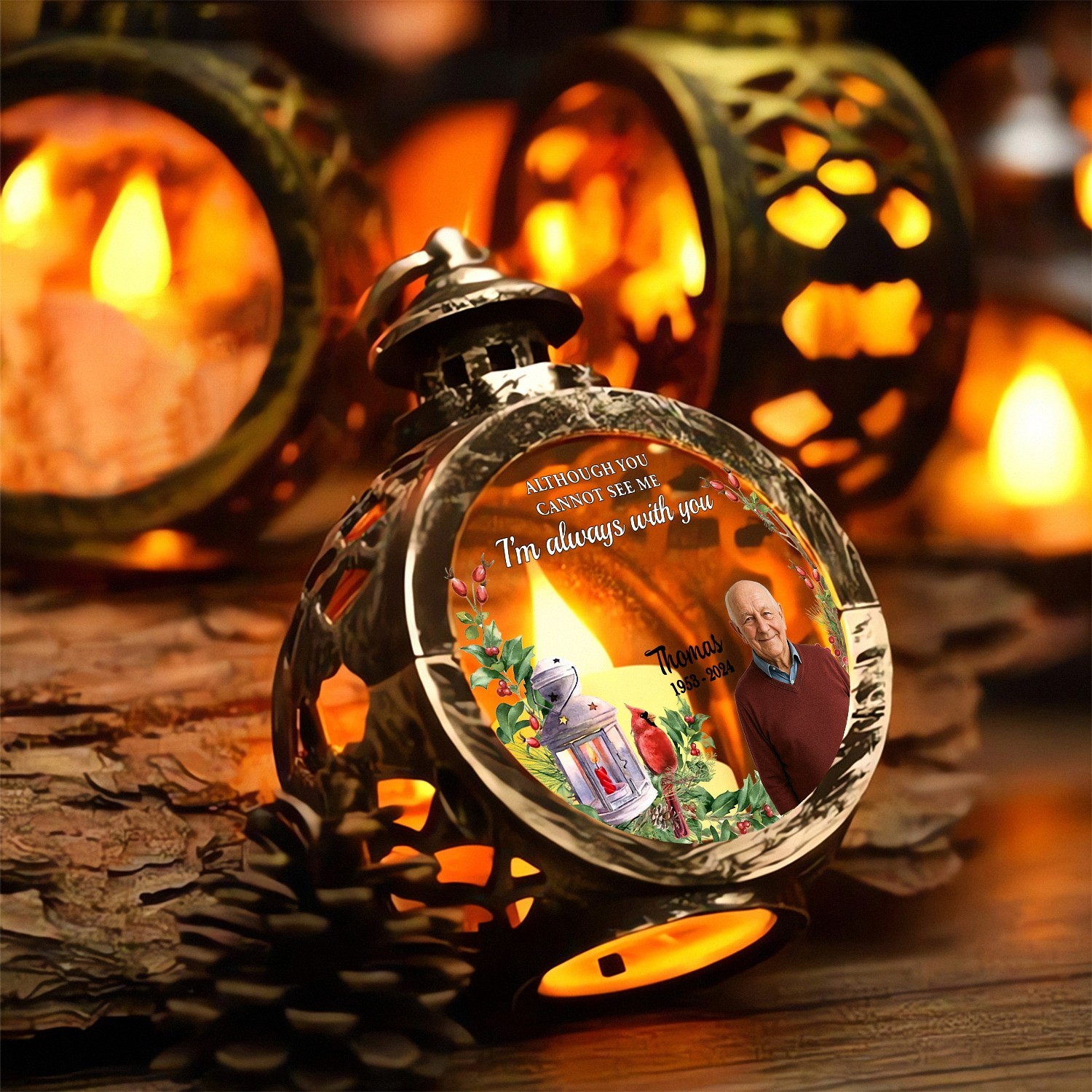Personalized Memorial Lantern with Custom Photo Dates Always With You LED Light Keepsake Vintage Style Cardinal Bereavement Gift for Loss of Loved One Sympathy Decor DIDH4
