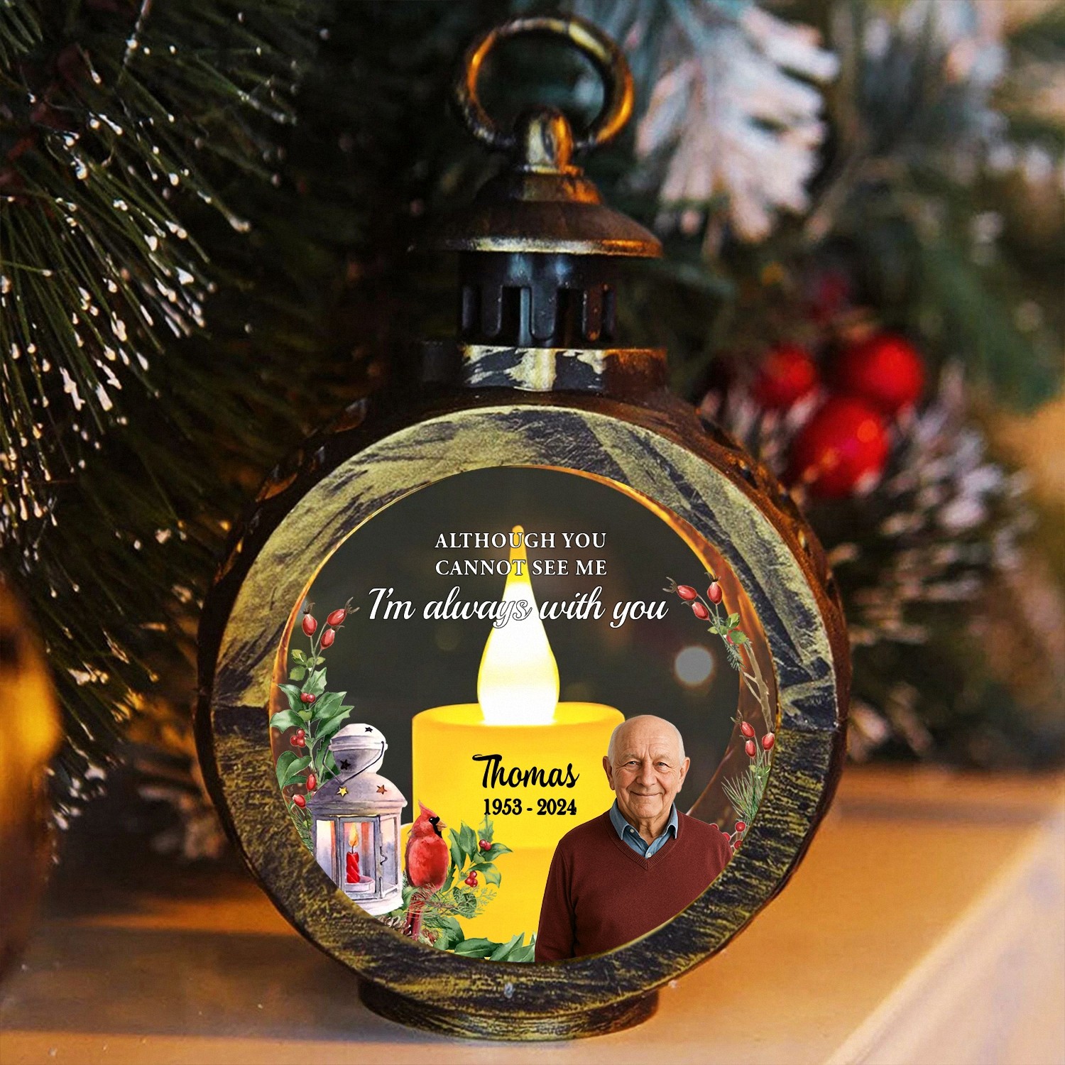 Personalized Memorial Lantern with Custom Photo Dates Always With You LED Light Keepsake Vintage Style Cardinal Bereavement Gift for Loss of Loved One Sympathy Decor DIDH4