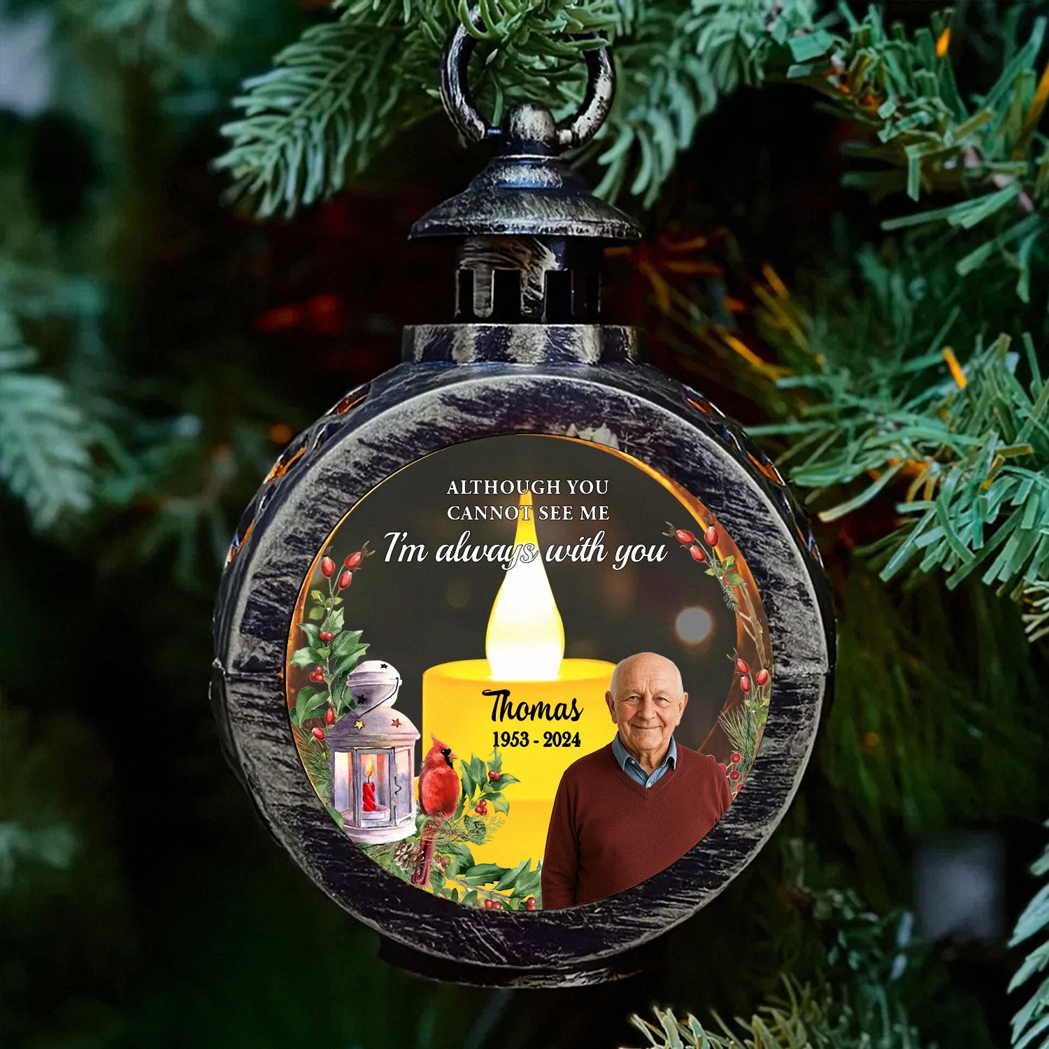 Personalized Memorial Lantern with Custom Photo Dates Always With You LED Light Keepsake Vintage Style Cardinal Bereavement Gift for Loss of Loved One Sympathy Decor DIDH4