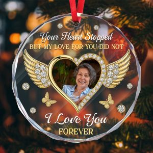 Personalized Memorial Ornament with Custom Photo I Love You Forever Angel Wings Keepsake Faceted Glass Style with Golden Accents Christmas Bereavement Gift for Loss of a Loved One S7CAF