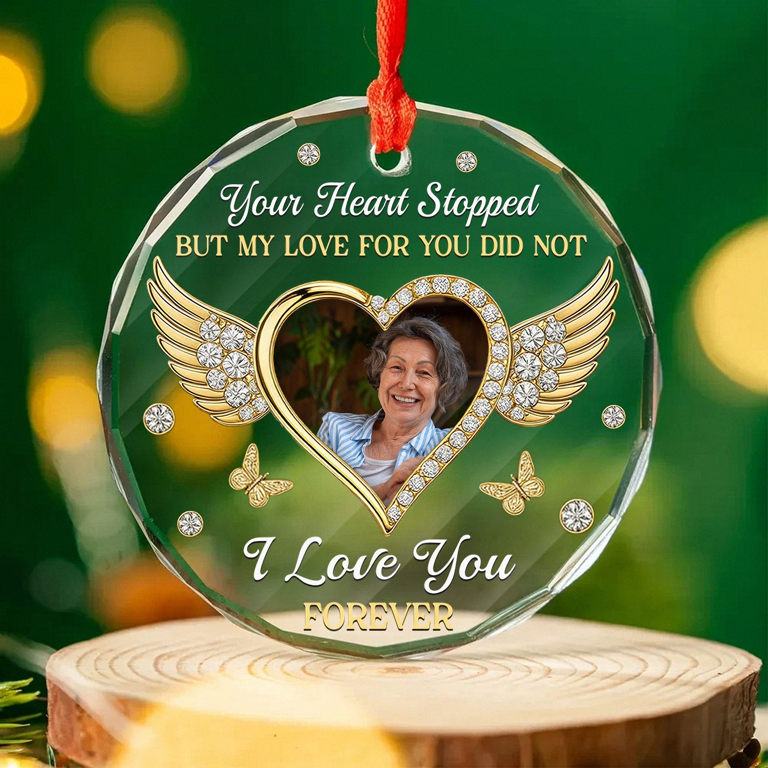 Personalized Memorial Ornament with Custom Photo I Love You Forever Angel Wings Keepsake Faceted Glass Style with Golden Accents Christmas Bereavement Gift for Loss of a Loved One S7CAF