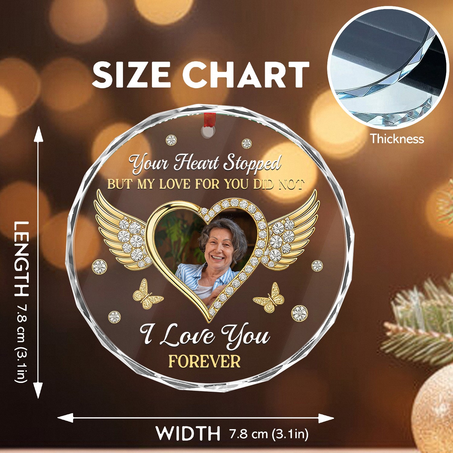 Personalized Memorial Ornament with Custom Photo I Love You Forever Angel Wings Keepsake Faceted Glass Style with Golden Accents Christmas Bereavement Gift for Loss of a Loved One S7CAF