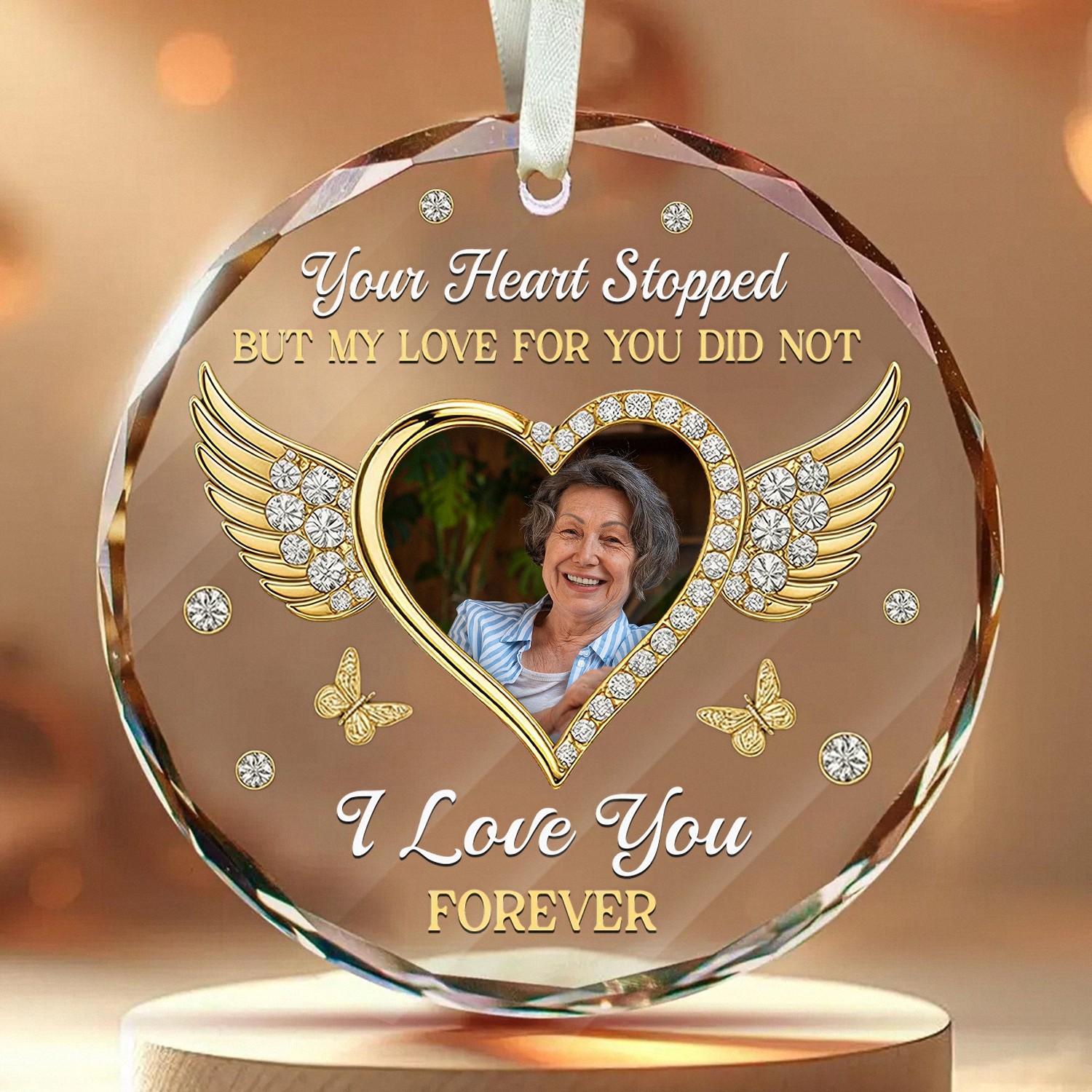 Personalized Memorial Ornament with Custom Photo I Love You Forever Angel Wings Keepsake Faceted Glass Style with Golden Accents Christmas Bereavement Gift for Loss of a Loved One S7CAF