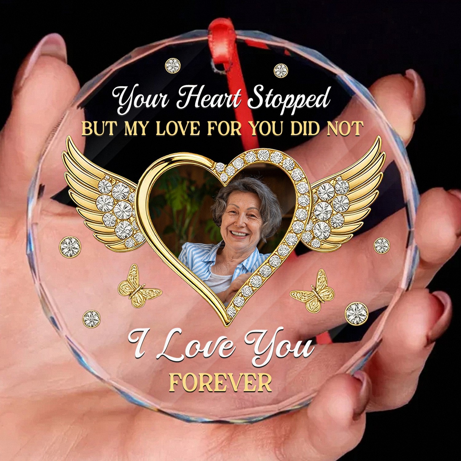 Personalized Memorial Ornament with Custom Photo I Love You Forever Angel Wings Keepsake Faceted Glass Style with Golden Accents Christmas Bereavement Gift for Loss of a Loved One S7CAF