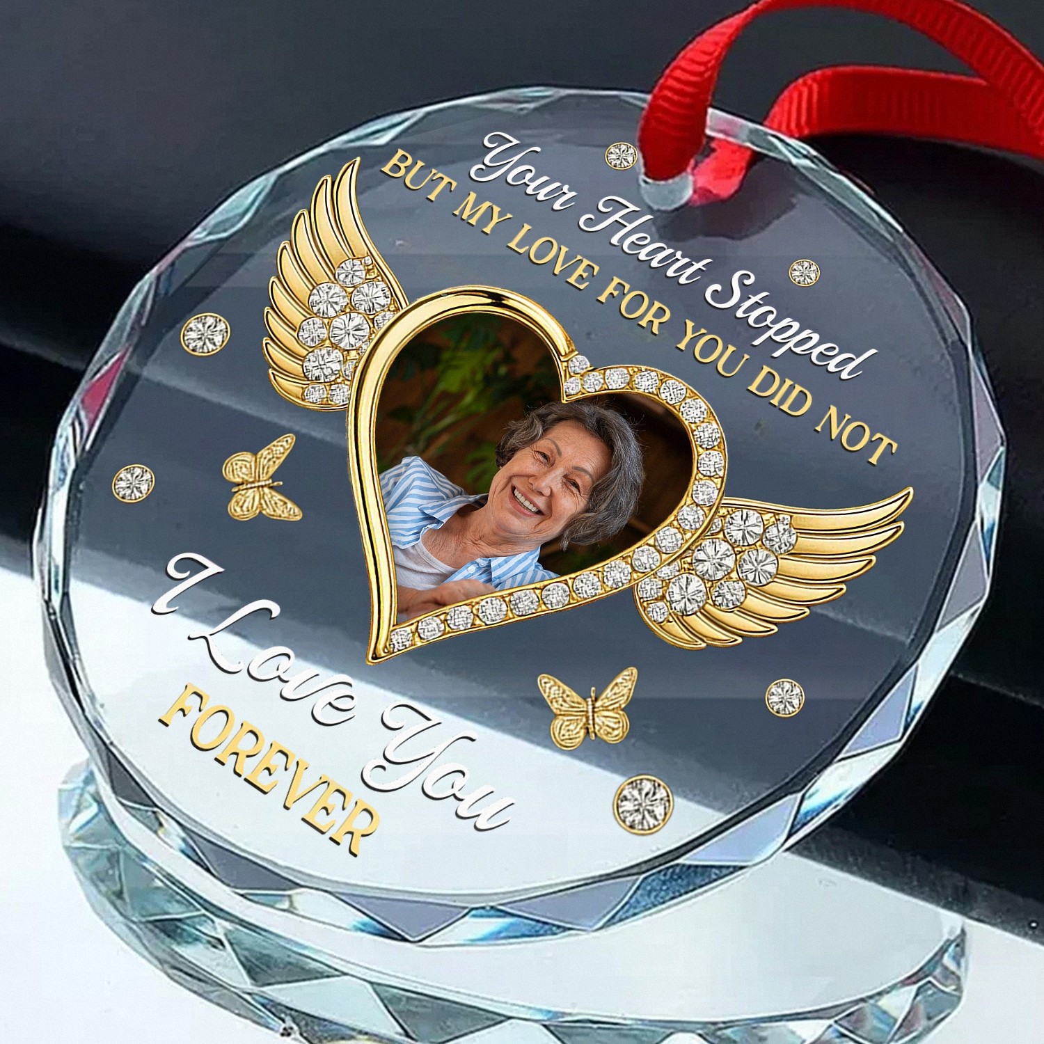 Personalized Memorial Ornament with Custom Photo I Love You Forever Angel Wings Keepsake Faceted Glass Style with Golden Accents Christmas Bereavement Gift for Loss of a Loved One S7CAF