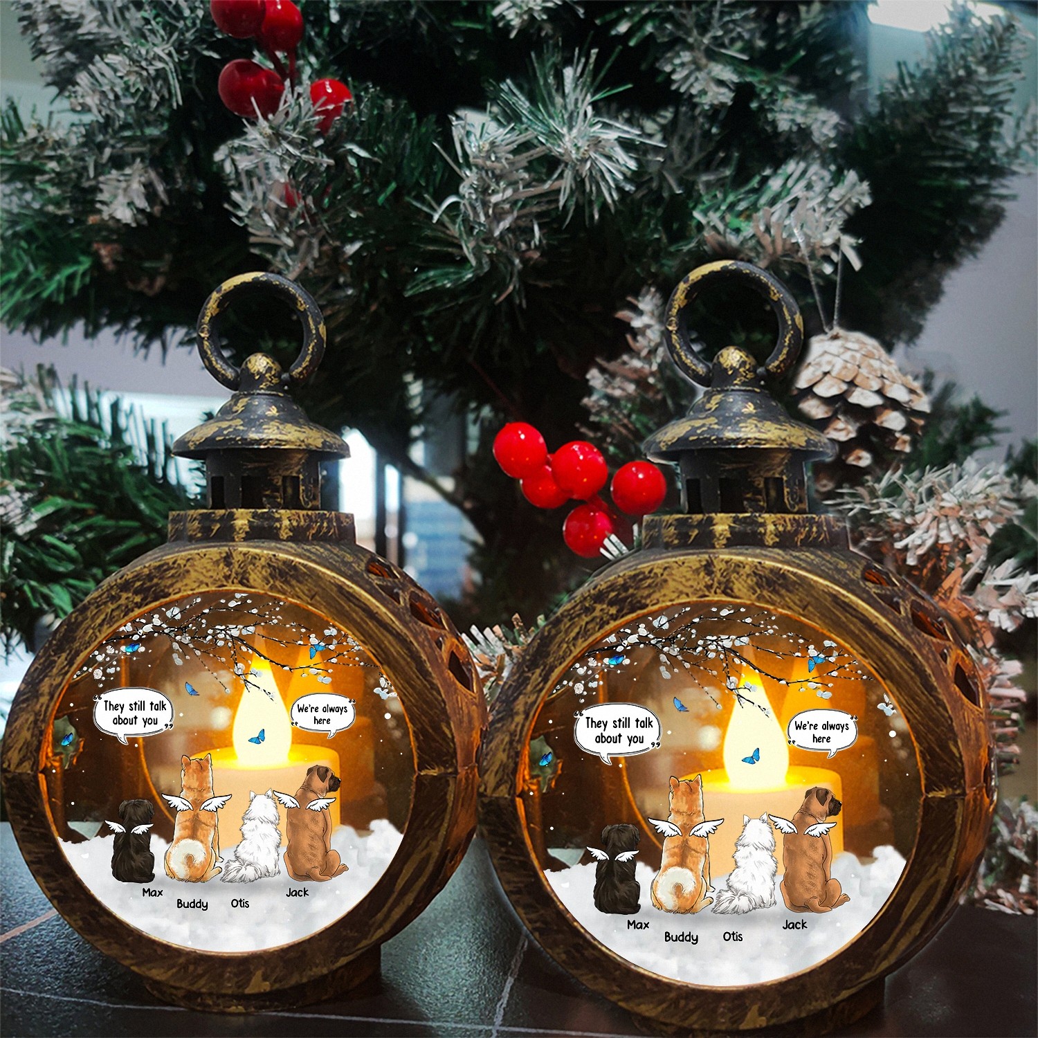 Personalized MultiPet Memorial Lantern with Custom Names Were Always Here Angel Dog LED Light Vintage Style Keepsake Pet Loss Bereavement Gift for Grieving Owners Sympathy Decor 79QVJ