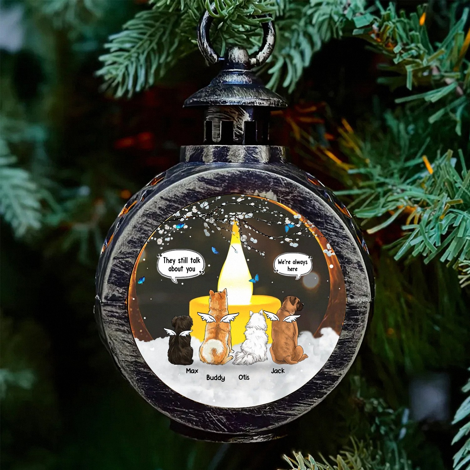 Personalized MultiPet Memorial Lantern with Custom Names Were Always Here Angel Dog LED Light Vintage Style Keepsake Pet Loss Bereavement Gift for Grieving Owners Sympathy Decor 79QVJ