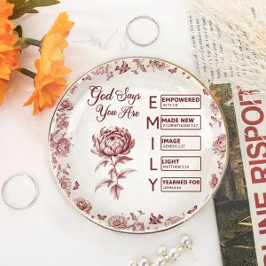 Personalized Name God Says You Are Christian Trinket Dish Ceramic Jewelry Tray with Bible Verses Baptism Gift for Women
