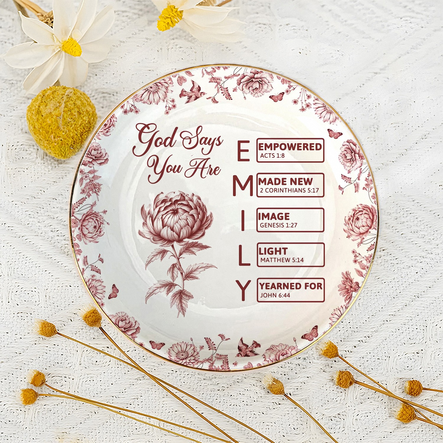 Personalized Name God Says You Are Christian Trinket Dish Ceramic Jewelry Tray with Bible Verses Baptism Gift for Women