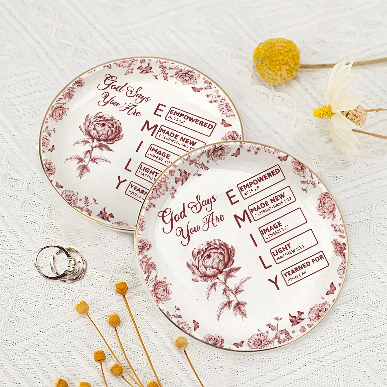 Personalized Name God Says You Are Christian Trinket Dish Ceramic Jewelry Tray with Bible Verses Baptism Gift for Women