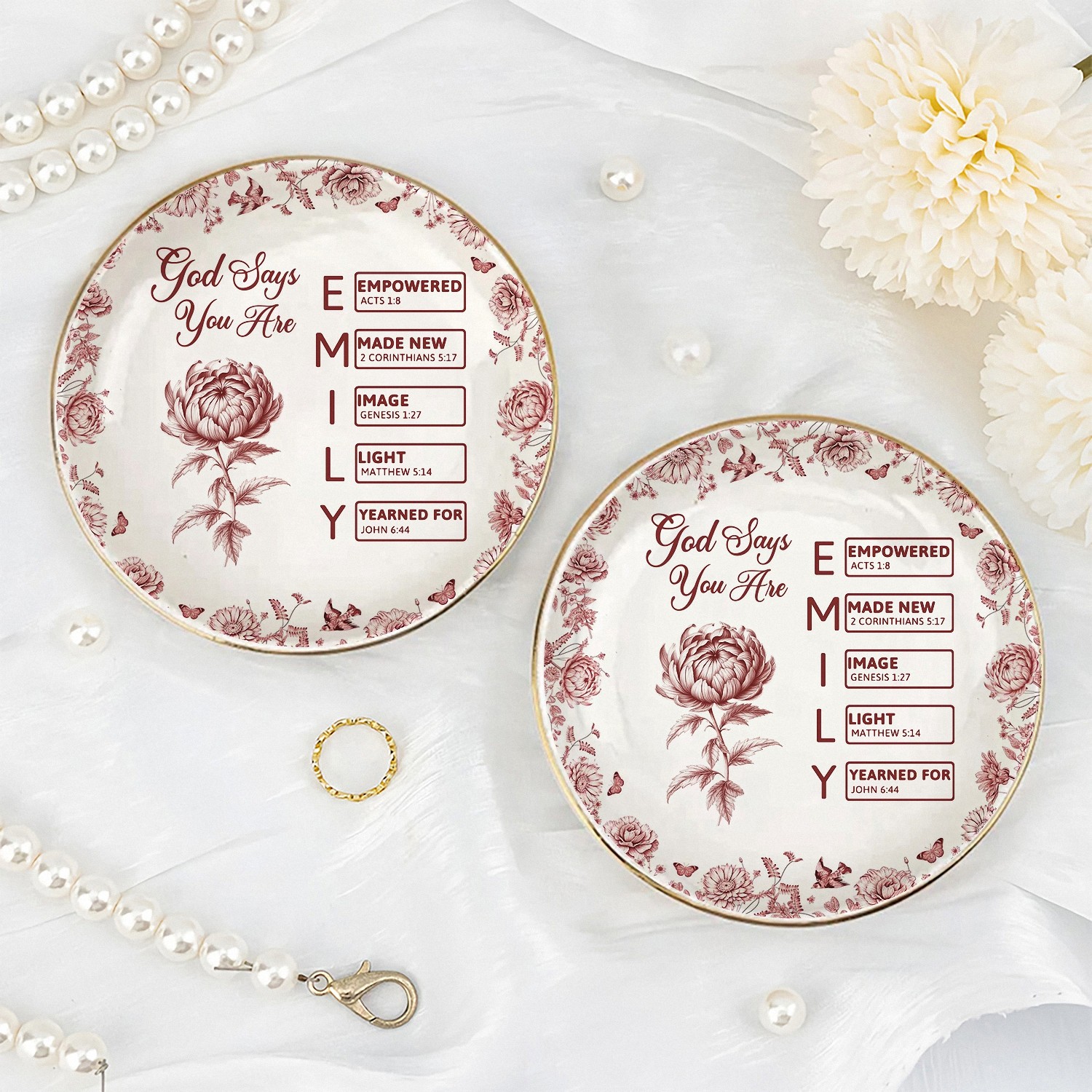 Personalized Name God Says You Are Christian Trinket Dish Ceramic Jewelry Tray with Bible Verses Baptism Gift for Women