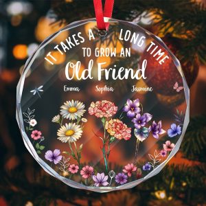 Personalized Old Friend Birth Flower Ornament with Custom Names Faceted Glass Keepsake with Floral Garden Friendship Birthday Gift for Women Best Friend Christmas Decoration