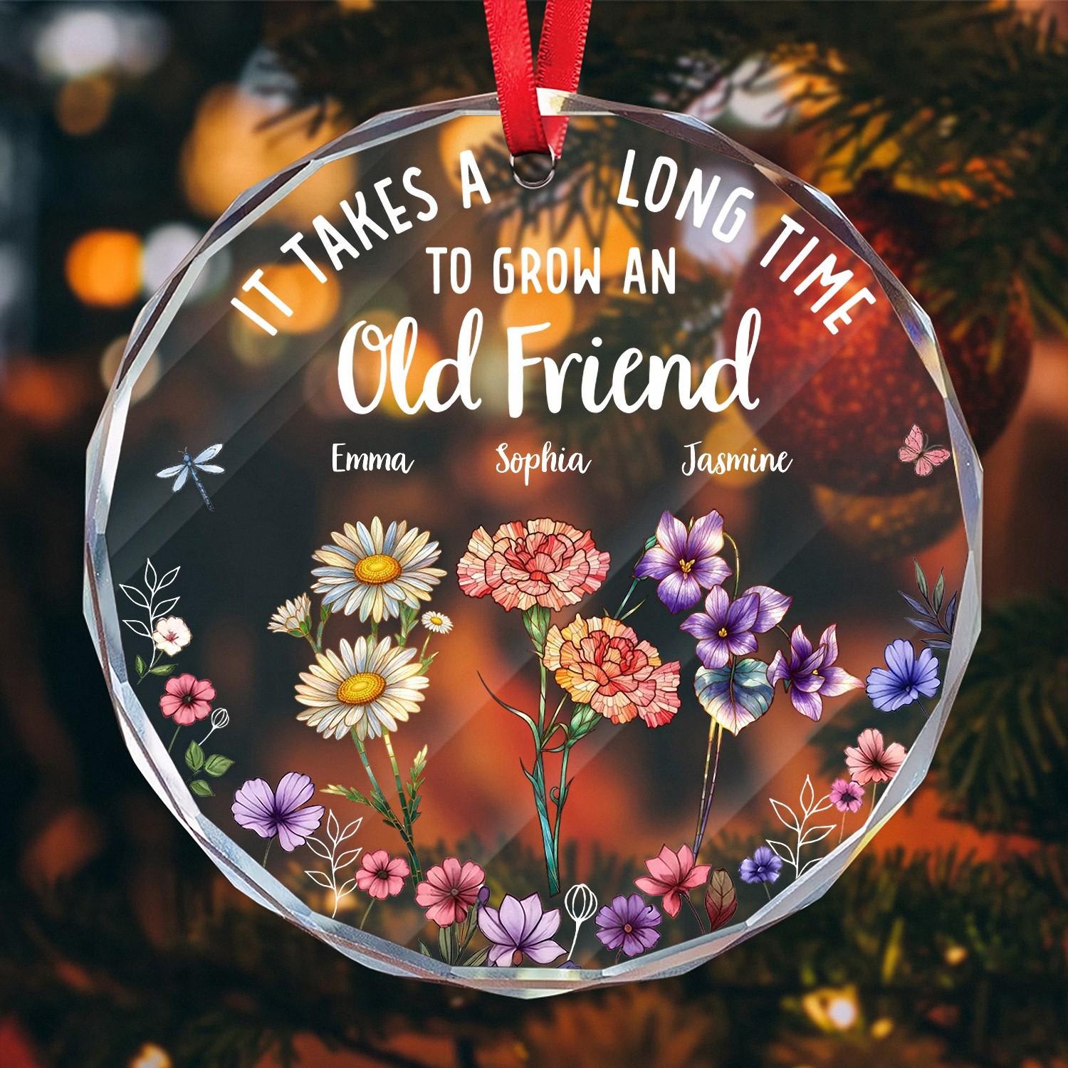 Personalized Old Friend Birth Flower Ornament with Custom Names Faceted Glass Keepsake with Floral Garden Friendship Birthday Gift for Women Best Friend Christmas Decoration