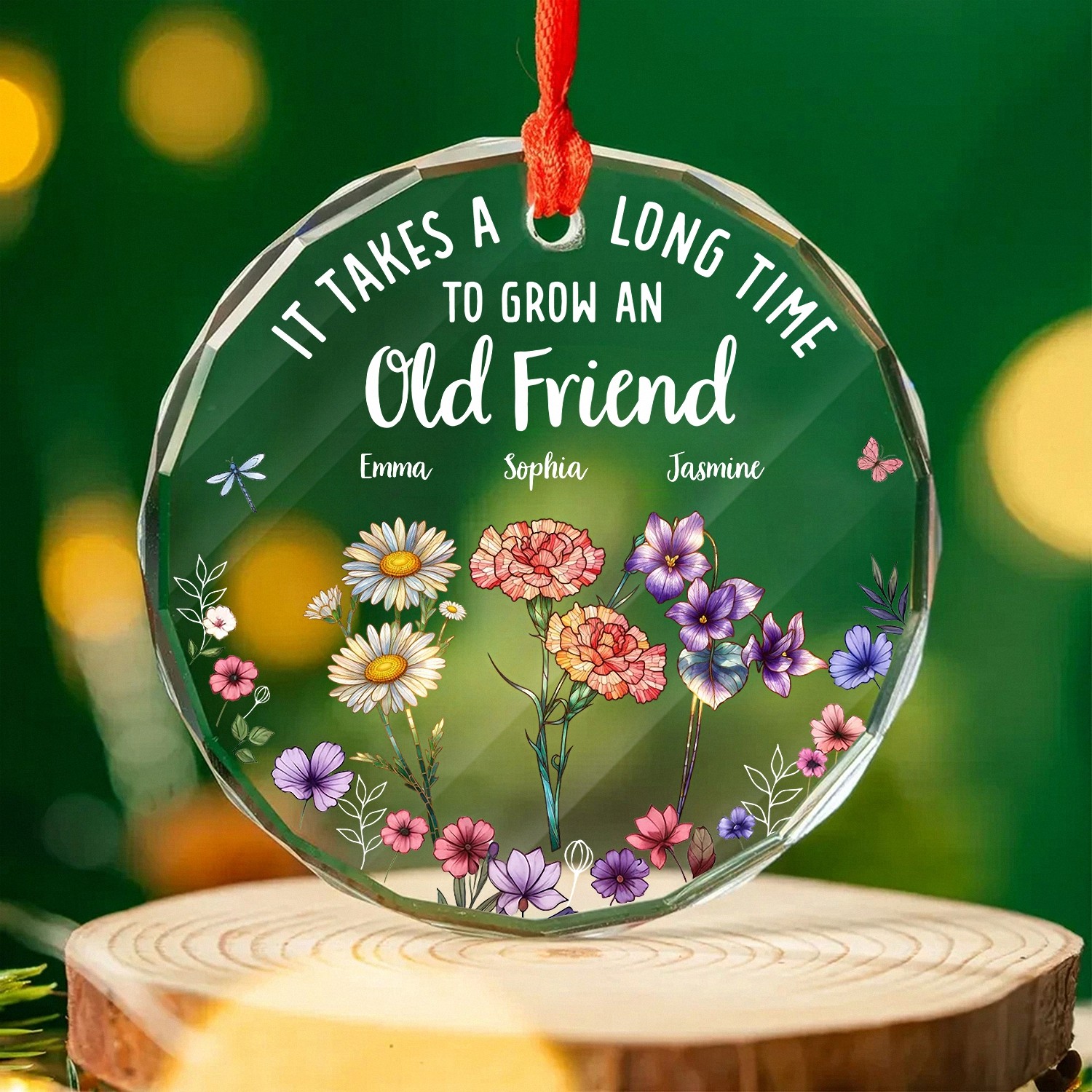 Personalized Old Friend Birth Flower Ornament with Custom Names Faceted Glass Keepsake with Floral Garden Friendship Birthday Gift for Women Best Friend Christmas Decoration