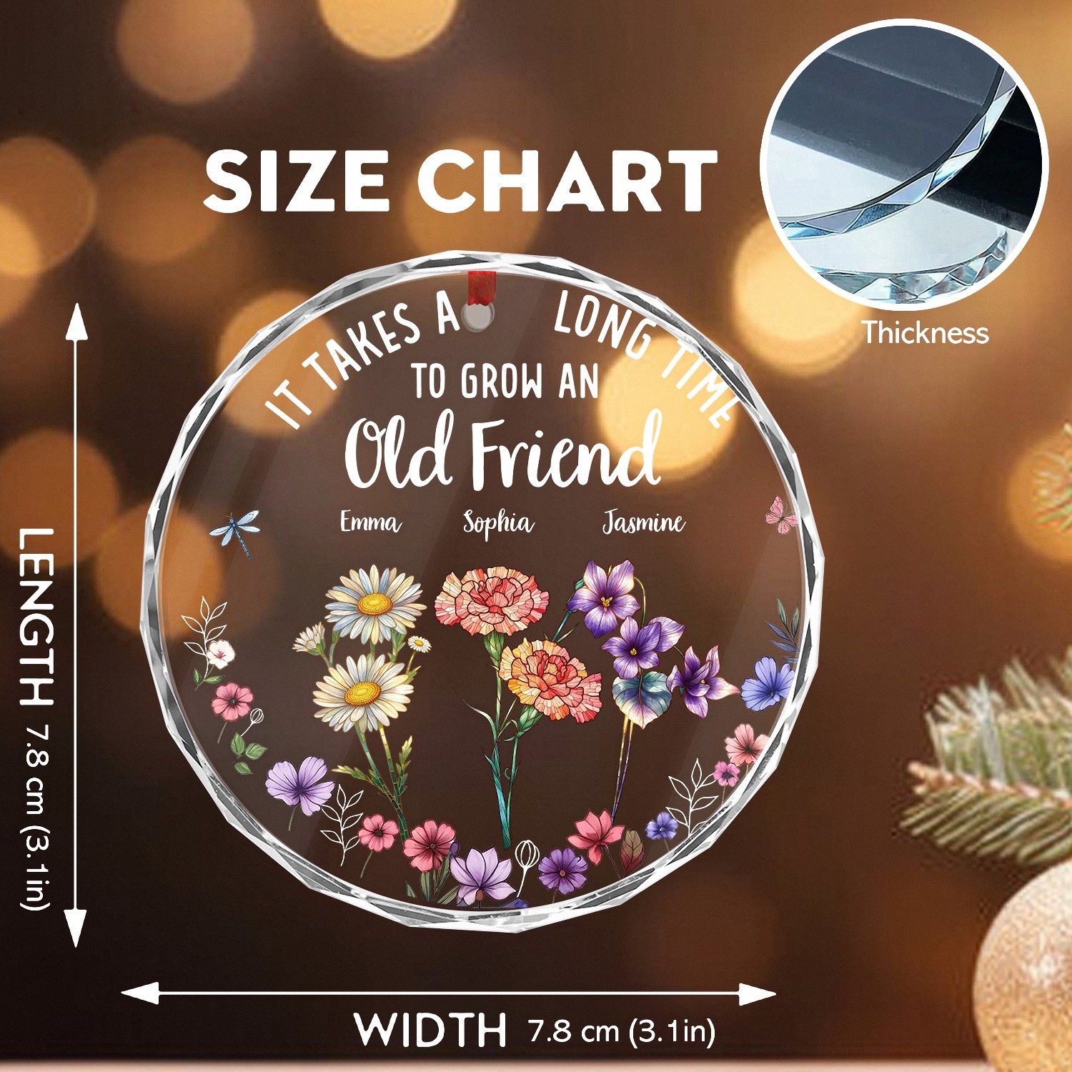 Personalized Old Friend Birth Flower Ornament with Custom Names Faceted Glass Keepsake with Floral Garden Friendship Birthday Gift for Women Best Friend Christmas Decoration