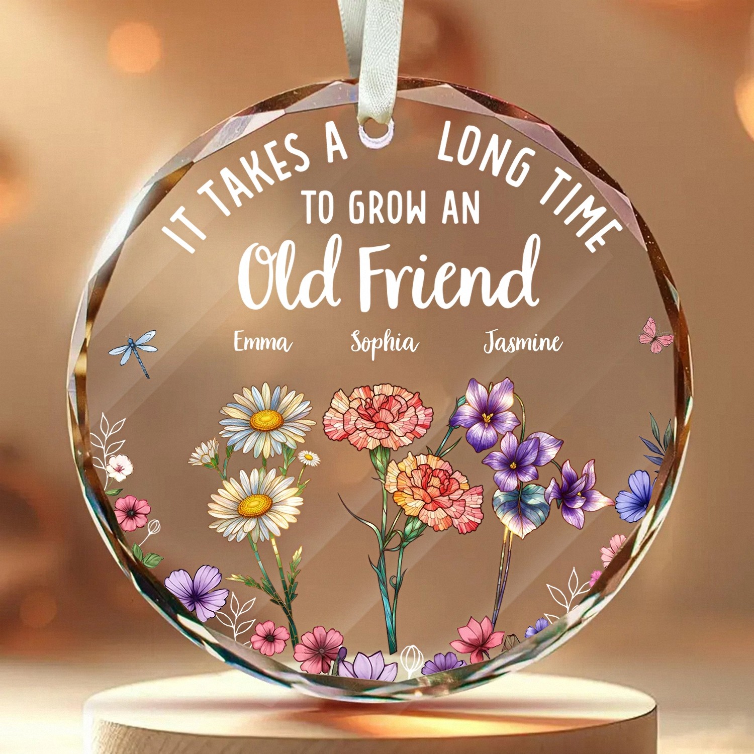 Personalized Old Friend Birth Flower Ornament with Custom Names Faceted Glass Keepsake with Floral Garden Friendship Birthday Gift for Women Best Friend Christmas Decoration