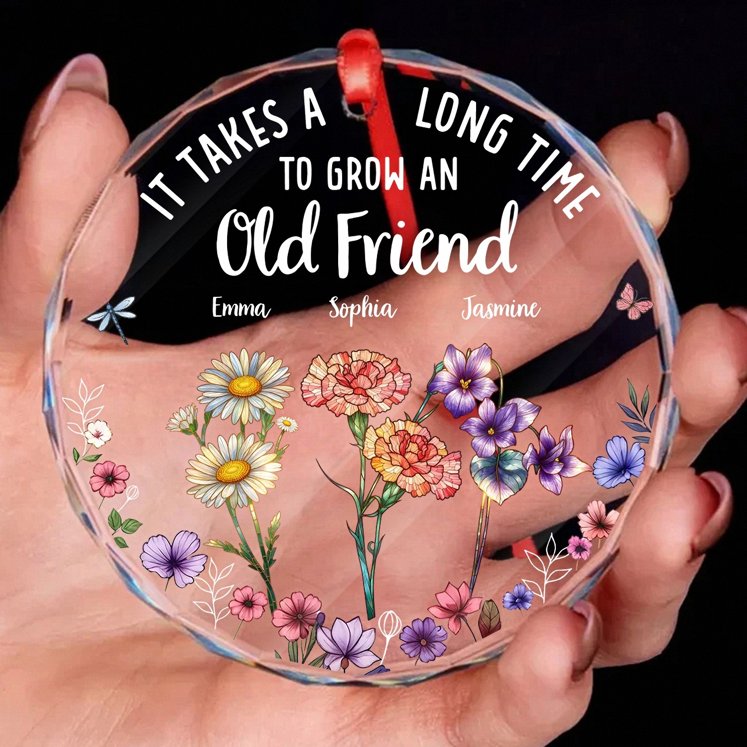Personalized Old Friend Birth Flower Ornament with Custom Names Faceted Glass Keepsake with Floral Garden Friendship Birthday Gift for Women Best Friend Christmas Decoration