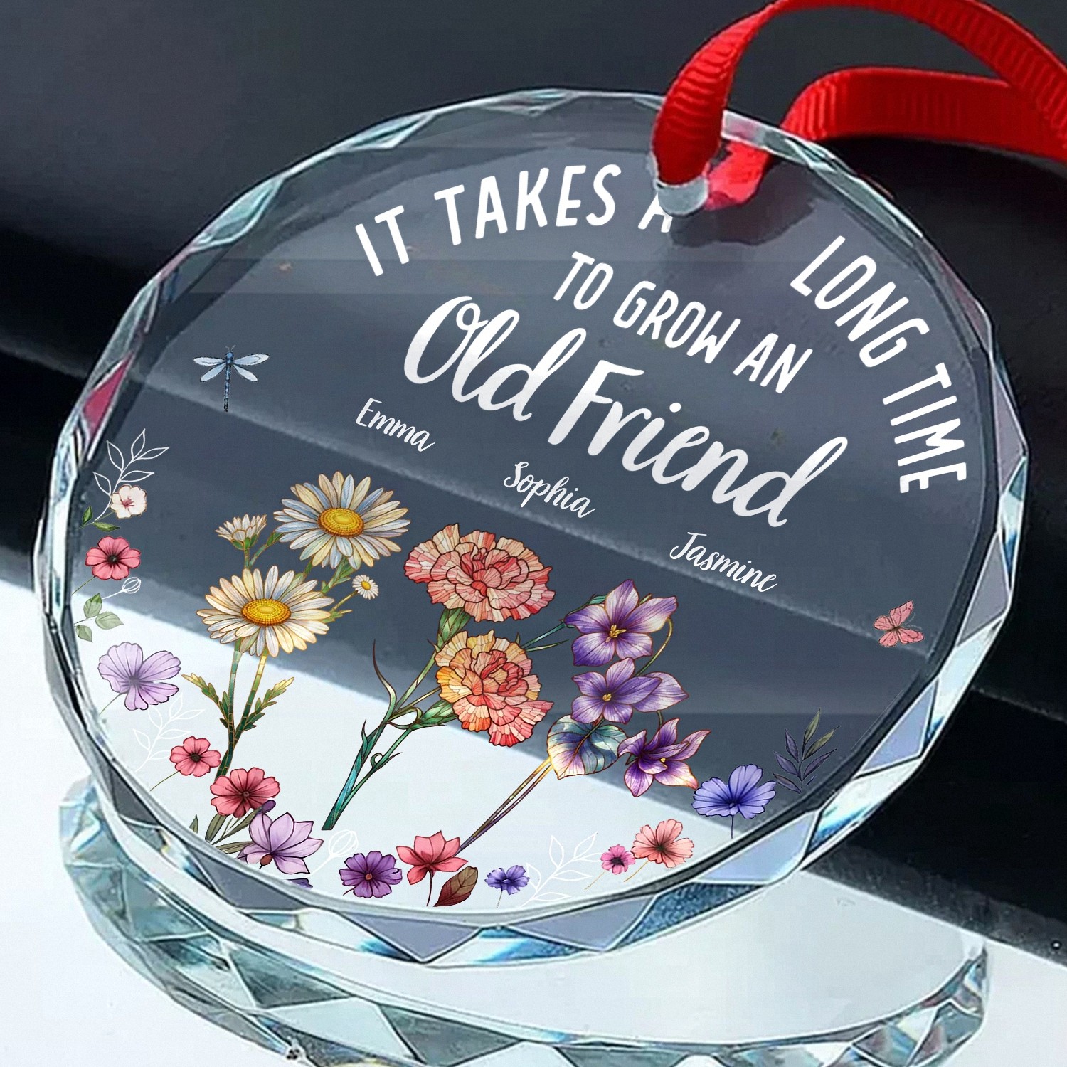Personalized Old Friend Birth Flower Ornament with Custom Names Faceted Glass Keepsake with Floral Garden Friendship Birthday Gift for Women Best Friend Christmas Decoration