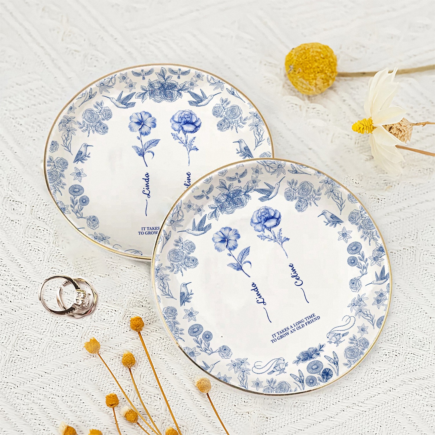 Personalized Old Friend Birth Flower Trinket Dish with Names Custom Ceramic Jewelry Tray Blue Floral Chinoiserie Style with Gold Rim Friendship Birthday Gift for Women Best Friend Keepsake