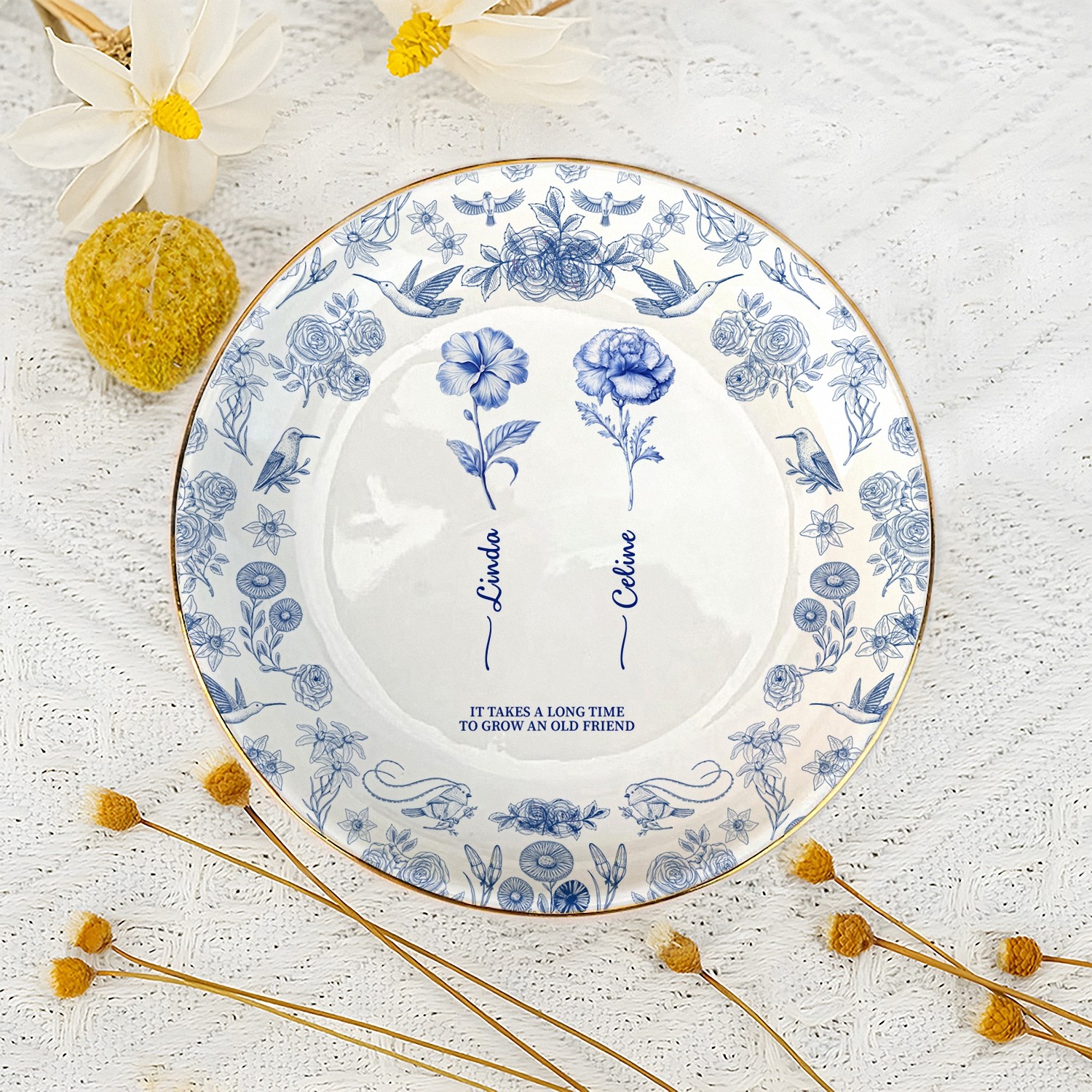 Personalized Old Friend Birth Flower Trinket Dish with Names Custom Ceramic Jewelry Tray Blue Floral Chinoiserie Style with Gold Rim Friendship Birthday Gift for Women Best Friend Keepsake