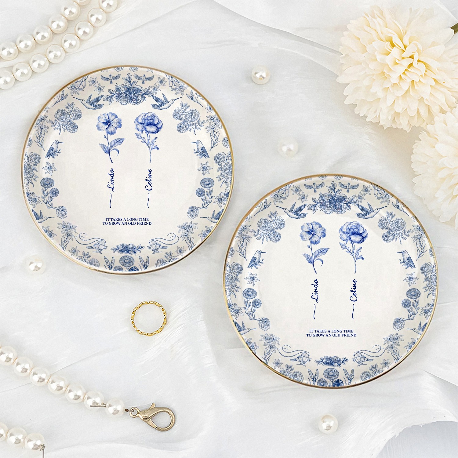 Personalized Old Friend Birth Flower Trinket Dish with Names Custom Ceramic Jewelry Tray Blue Floral Chinoiserie Style with Gold Rim Friendship Birthday Gift for Women Best Friend Keepsake