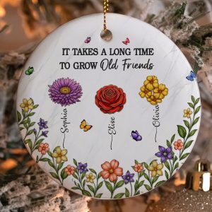 Personalized Old Friends Birth Flower Ornament with Custom Names Round Ceramic Keepsake with Floral Garden Friendship Birthday Gift for Women Best Friend Christmas Decoration