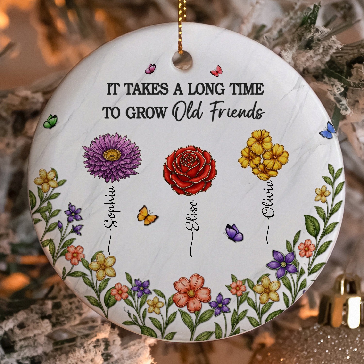 Personalized Old Friends Birth Flower Ornament with Custom Names Round Ceramic Keepsake with Floral Garden Friendship Birthday Gift for Women Best Friend Christmas Decoration